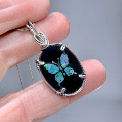 Vintage Sterling Opal/Onyx Pendant Necklace