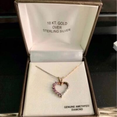 Vintage Sterling Gold Genuine Amethyst Diamond Heart Necklace