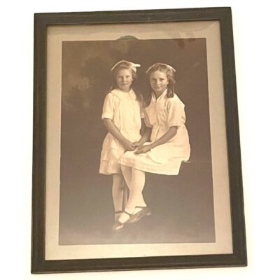 Large Antique Portrait of Two Sisters Sepia Tone Framed Blonde Ringlets Fashion