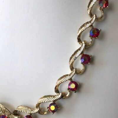 Coro & Lisner style vintage necklace, leaves and aurora borelis.