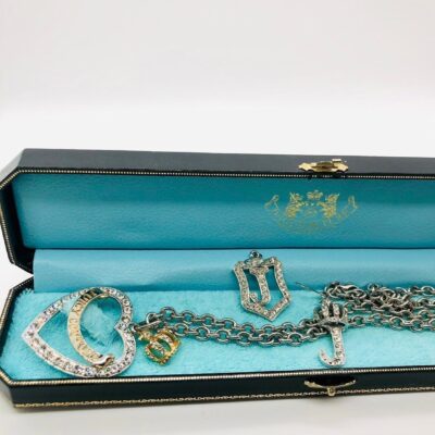 Vtg Juicy Heart Rhinestone Necklace Earrings Box